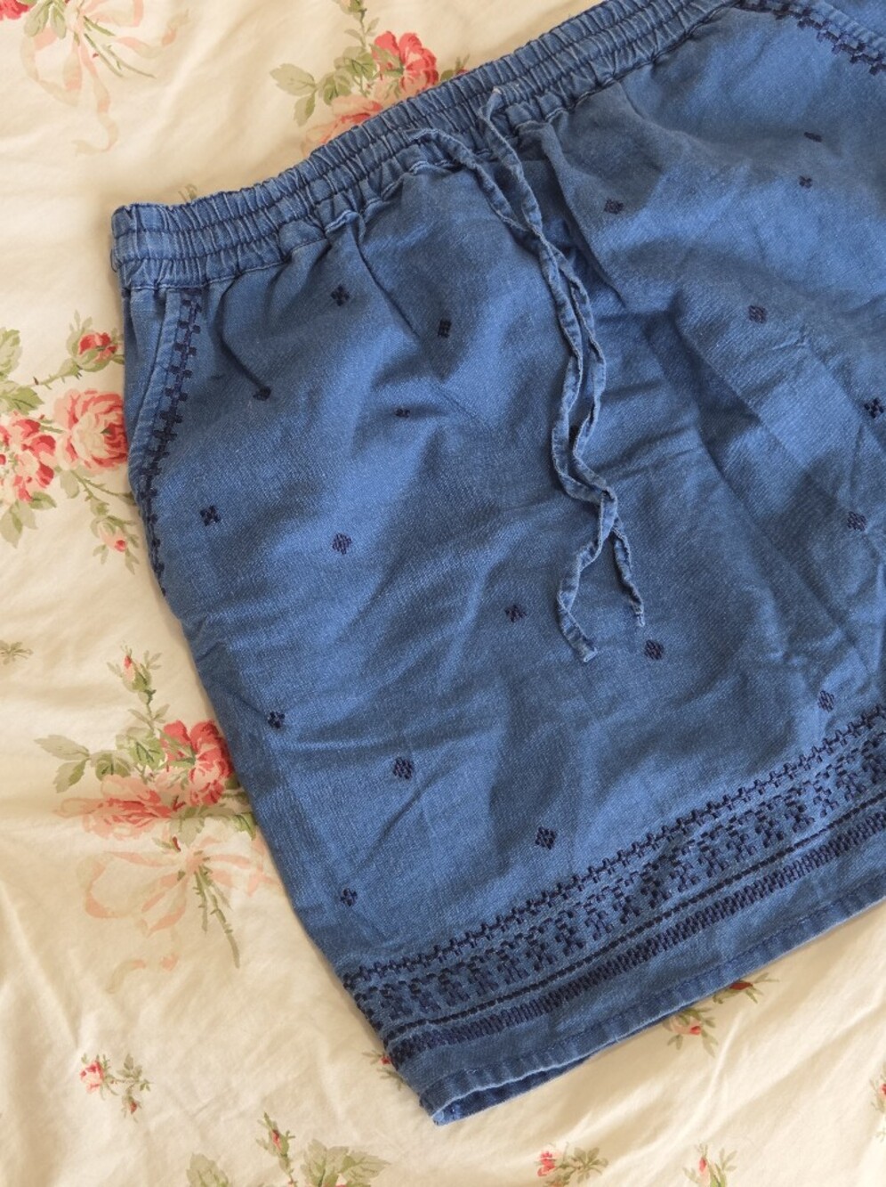 J.Crew Indigo Chambray Linen Cotton Skirt Embroidered Drawstring Waist Sz S